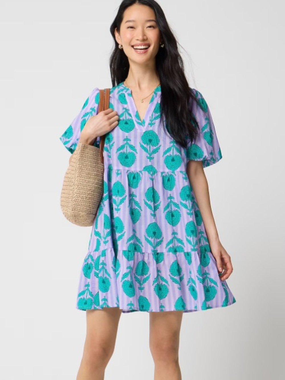 J. Crew Factory Women's Tiered Puff-Sleeve Cover-Up Cottagecore Purple SZ Small‎